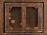an old wooden cabinet with two glass doors on it