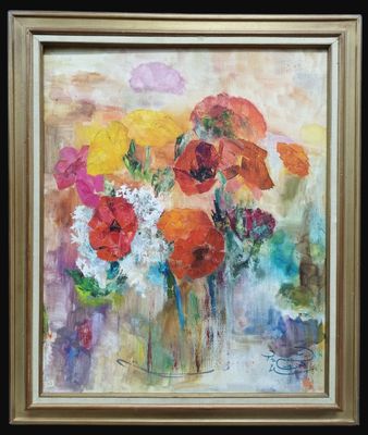 tableau représentant des fleurs dans un vase posé sur une table, sur fond noir