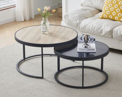 Lot de 2 tables gigognes rondes , naturel et noir , Dimensio…