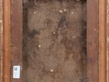 an old picture of a wooden frame with a label on it