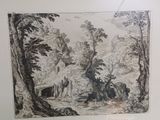 a black and white drawing of a landscape with animals