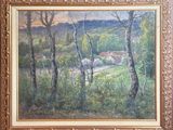 an oil painting of a landscape with trees and a house in the distance