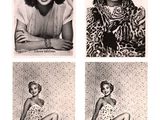 four black and white photos of a woman sitting on a bed