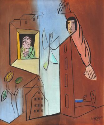 une image représentant un tableau où l'on voit une femme regardant par la fenêtre