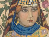 tableau représentant une femme portant une coiffe bleue et un foulard bleu