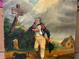 tableau représentant un homme avec une canne et un chien devant une maison