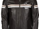 a black leather jacket with a white stripe on the side