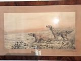 tableau représentant un chien et un chat, encadré dans un cadre en bois et accroché au mur