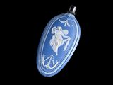 an image of a blue and white christmas ornament hanging on a black background