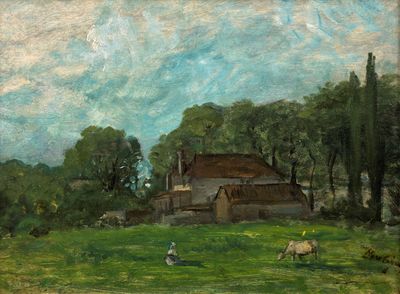 un tableau représentant des moutons paissant dans un champ près d'une grange