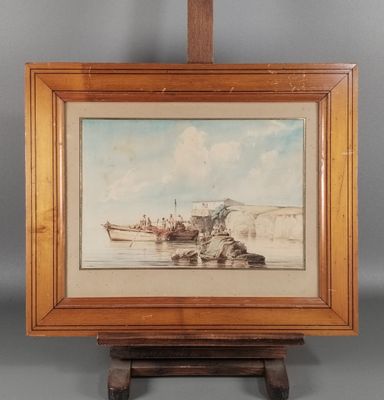 une vieille photo représentant un tableau posé sur un chevalet en bois, avec un bateau dans l'eau