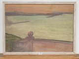 an image of a painting of a person sitting on a ledge looking out over the water