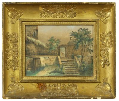 une image représentant une peinture d'une scène de village avec des marches menant à un toit de chaume
