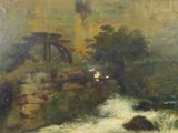 an image of a painting of a river with a bridge in the background