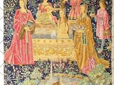 une image représentant une tapisserie sur laquelle figure un groupe de personnes dans un jardin
