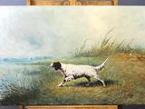 painting of a dog running in a field by a body of water