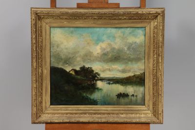 painting on easel of a landscape with a river and trees