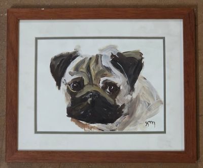 a painting of a pug dog in a wooden frame
