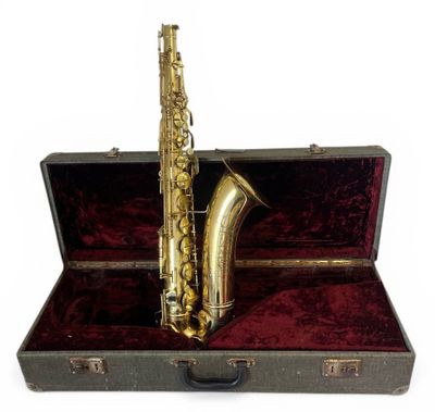une image représentant un saxophone dans son étui, sur fond blanc