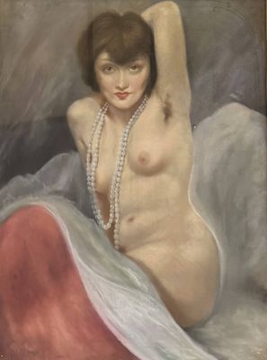 tableau représentant une femme nue allongée sur un lit, portant un collier de perles