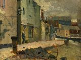 tableau représentant une scène de rue avec une voiture garée devant un immeuble