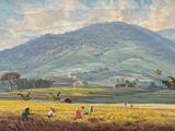 a painting of people in a field with a mountain in the background