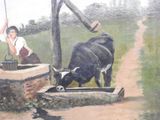 a painting of a woman and a cow drinking water from a well