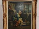 tableau représentant une femme assise sur un tabouret devant un mur de briques