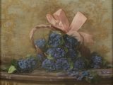 a painting of a basket of purple flowers on a table