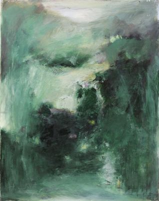 an oil painting of a green landscape with trees and bushes