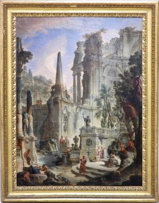 une peinture à l'huile sur toile représentant un paysage avec une fontaine et des personnages