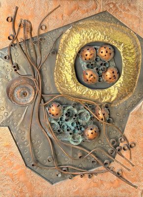 a picture of a metal plate with eggs on it