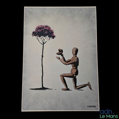 a drawing of a man kneeling next to a tree