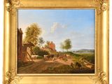 an image of a painting of a farm scene with cows and sheep