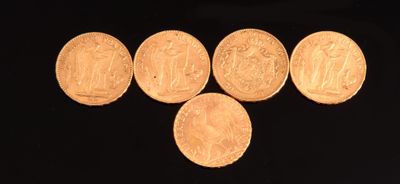 Réunion de cinq pièces 20 FF en or comprenant: - Photo 1