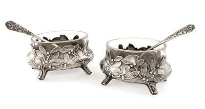 pair of silver plated sugar and butter dishes with spoons
