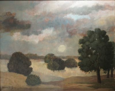 an oil painting of a landscape with trees in the foreground