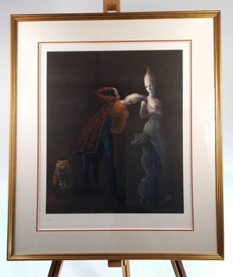 painting of a man and a woman standing next to each other on a easel
