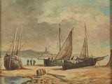 a painting of a group of boats on the beach