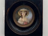 tableau représentant une femme coiffée d'un chapeau de paille, dans un cadre noir