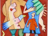 une image représentant un tableau où figurent deux personnes et un poisson
