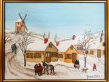 tableau représentant une scène hivernale avec des personnages et des chevaux tirant un traîneau