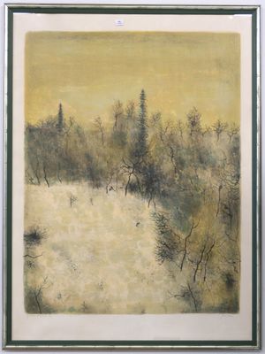 an image of a painting of a snowy landscape with trees in the background