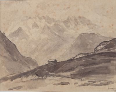 dessin représentant une chaîne de montagnes avec une maison au loin
