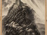 un vieux dessin représentant une montagne avec des rochers et des arbres