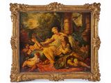 une peinture représentant une peinture d'une femme et de deux hommes dans un décor boisé