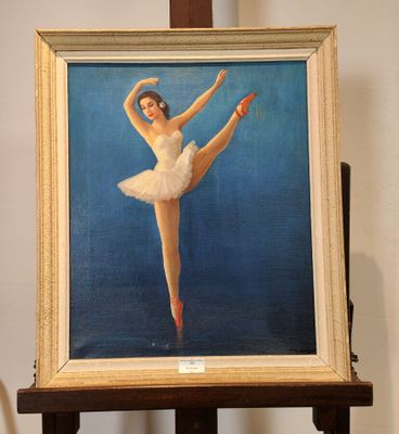 tableau représentant une ballerine en tutu blanc posée sur un chevalet