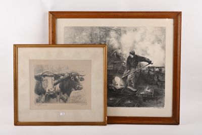 deux photos encadrées représentant un homme à cheval et une vache