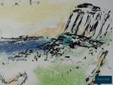 a picture of a painting of a mountain and a body of water