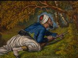 a painting of a man kneeling on the ground with a rifle